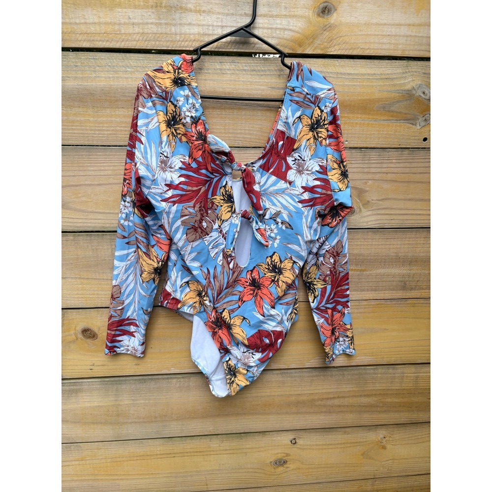 SHEIN Women 3XL Blue Tropical Floral Long Sleeve Tie Front One Piece Swimsuit